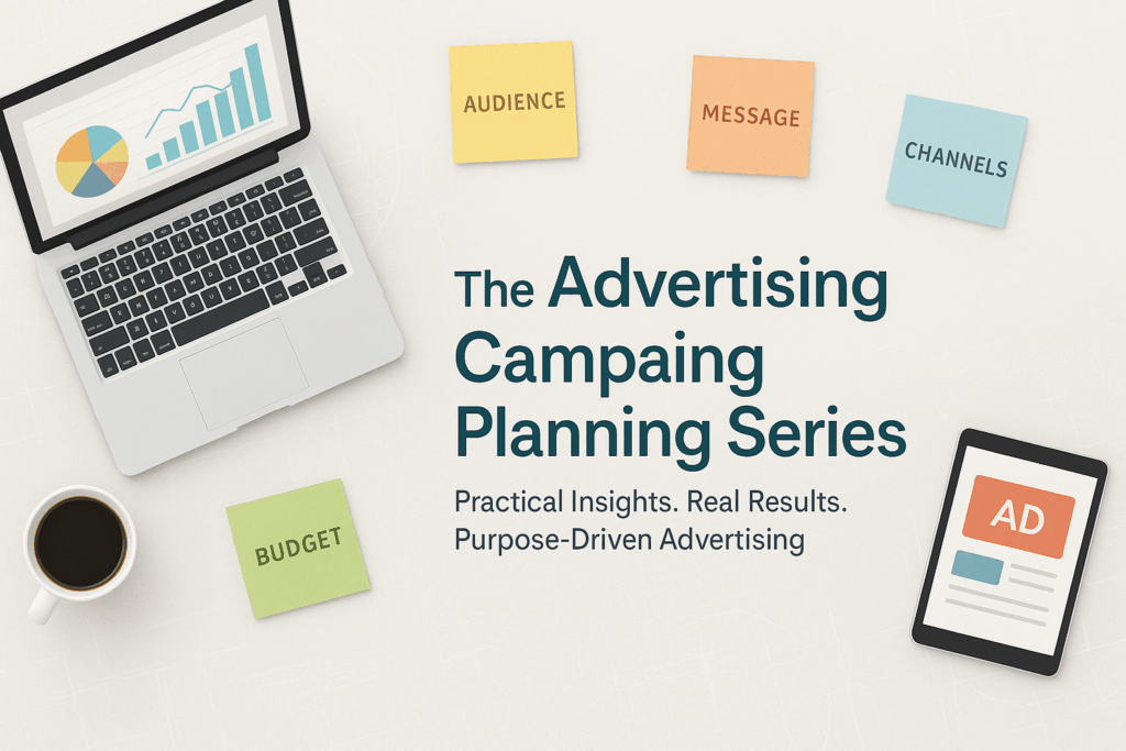 Flat-lay of creative workspace with laptop analytics, colorful sticky notes, and campaign planning materials representing The Advertising Campaign Planning Series by Vivid Creative Services.