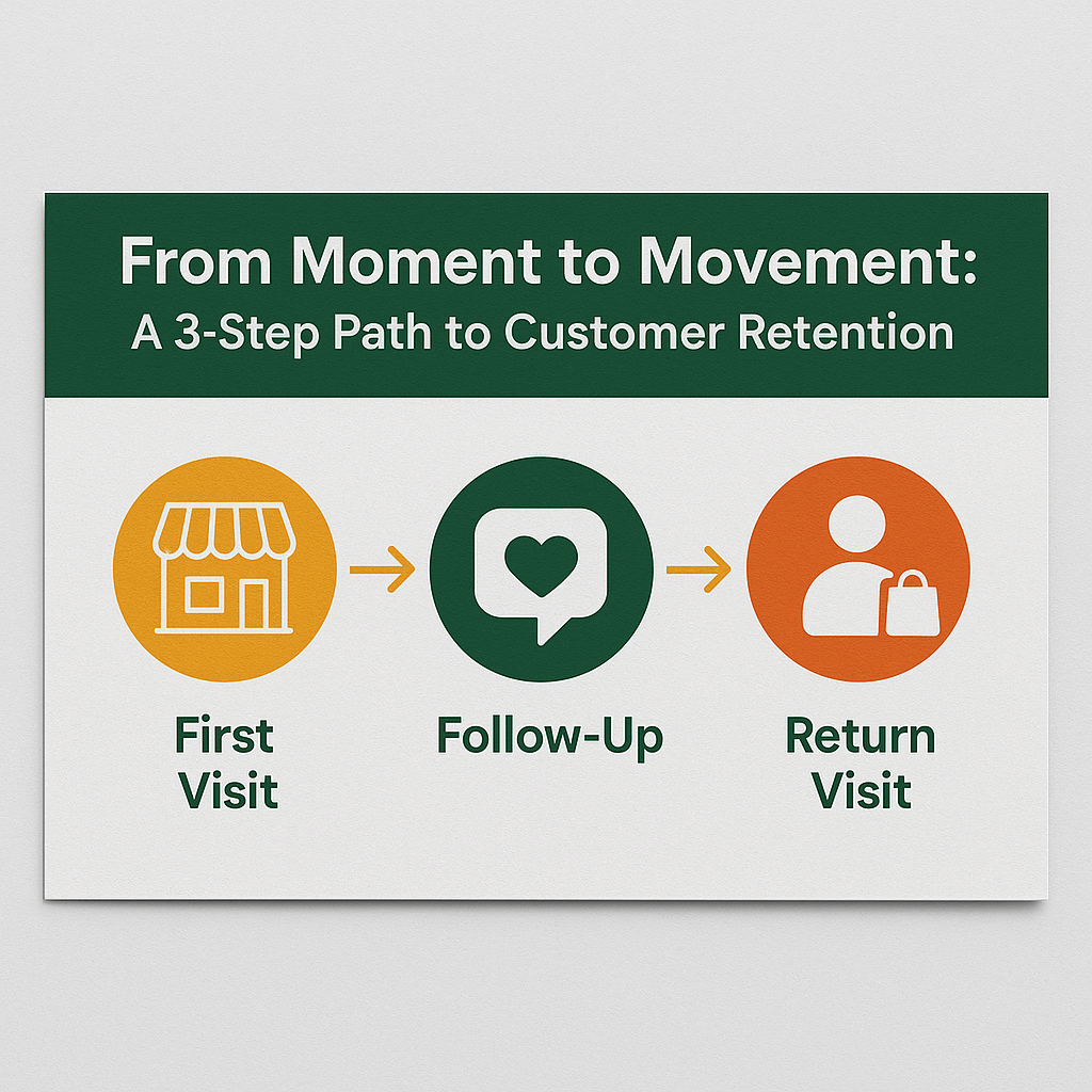 Customer journey graphic showing stages from first-time visit to follow-up engagement and repeat purchase, illustrating long-term customer growth from World Cup visitors.
