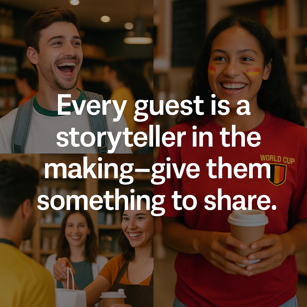 Quote graphic reading “Every guest is a storyteller in the making—give them something to share” over candid photos of World Cup tourists enjoying local experiences.