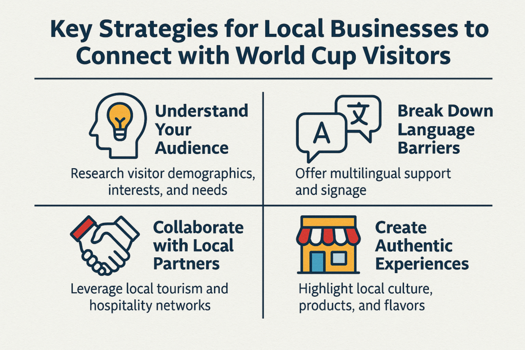 Illustrated checklist titled “Top 5 Local Visibility Essentials” with icons representing tactics to improve visibility for World Cup 2026 visitors.