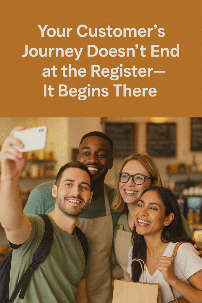 Quote image reading “The first visit should always be the beginning, not the end” layered over a photo of a customer and business staff celebrating a great experience.