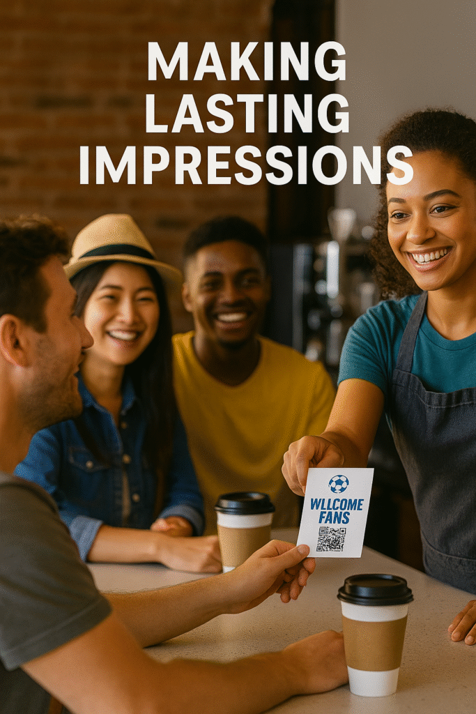 Smiling café staff hands tourists a branded “Welcome Fans” thank-you card with QR code, highlighting customer experience and digital engagement strategy.