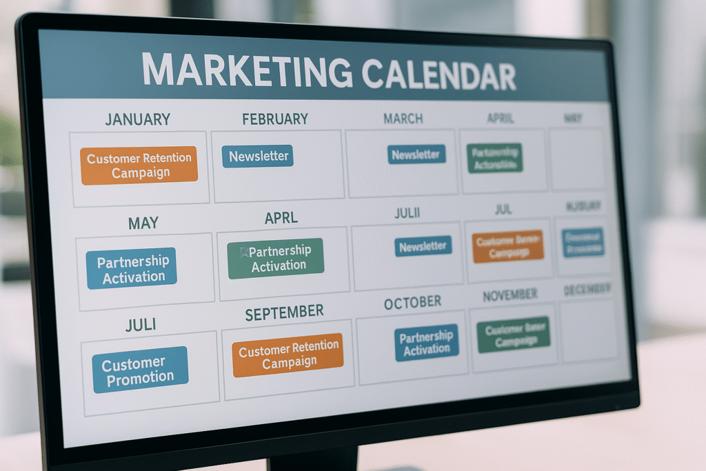 Marketing dashboard or calendar showing 12-month customer retention and growth campaigns following World Cup 2026 for local business.