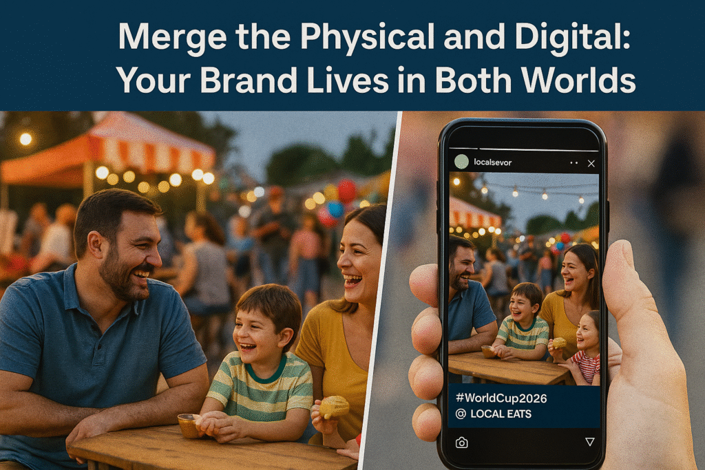 Split-screen image showing in-person family event at a local business and a phone screen displaying an Instagram Story of the same moment with branded tags.