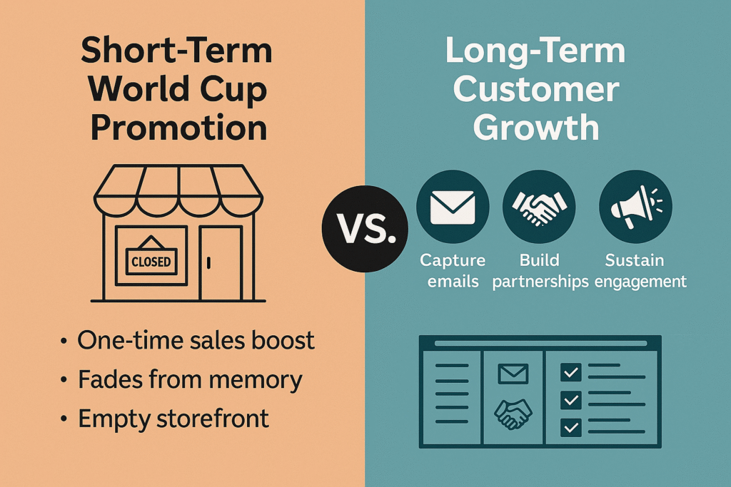 Split-screen image comparing a short-term World Cup promotion with a long-term customer growth strategy for local businesses.