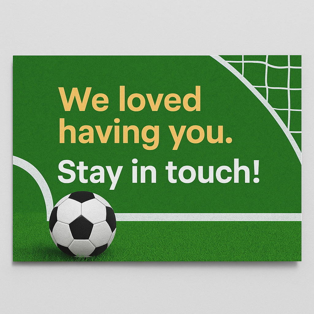 Mockup of a personalized “Thank You for Visiting” message with business photo and links to connect online, emphasizing customer relationship follow-up after World Cup visits.