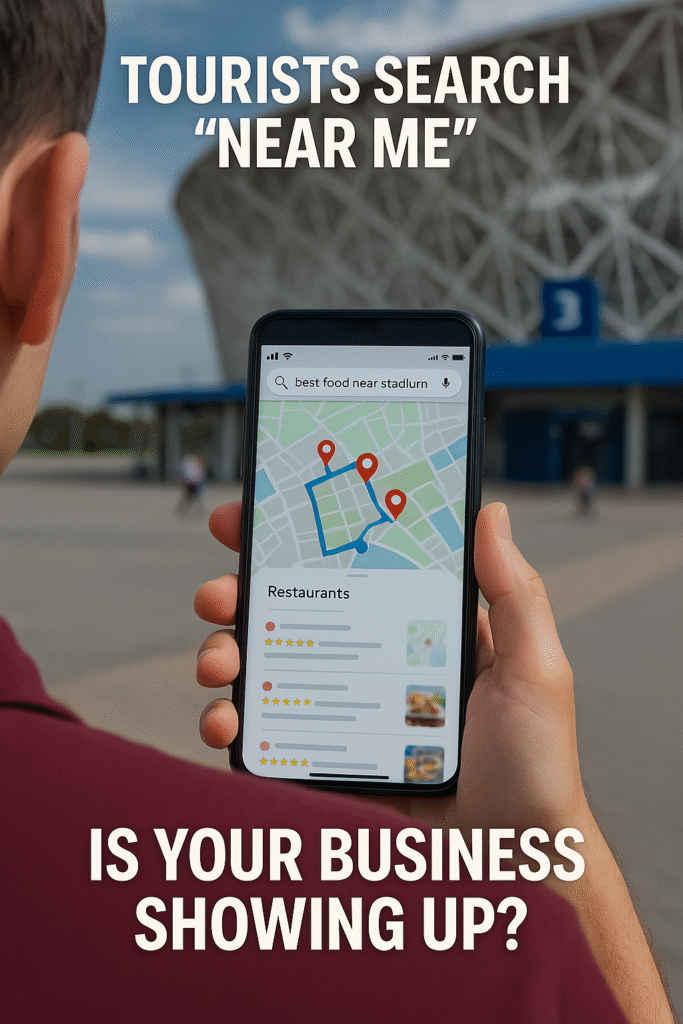Mobile phone displaying a “near me” Google map search near a stadium, highlighting the importance of local SEO for attracting World Cup visitors.