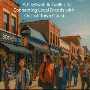 Diverse visitors explore a lively main street of local shops, representing the connection between small businesses and tourism.