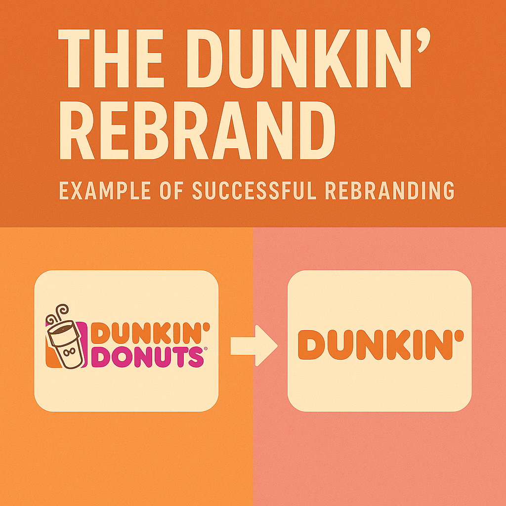 Illustration comparing Dunkin’ Donuts original logo with the updated Dunkin’ logo and coffee cup, showing continuity in rebrand.