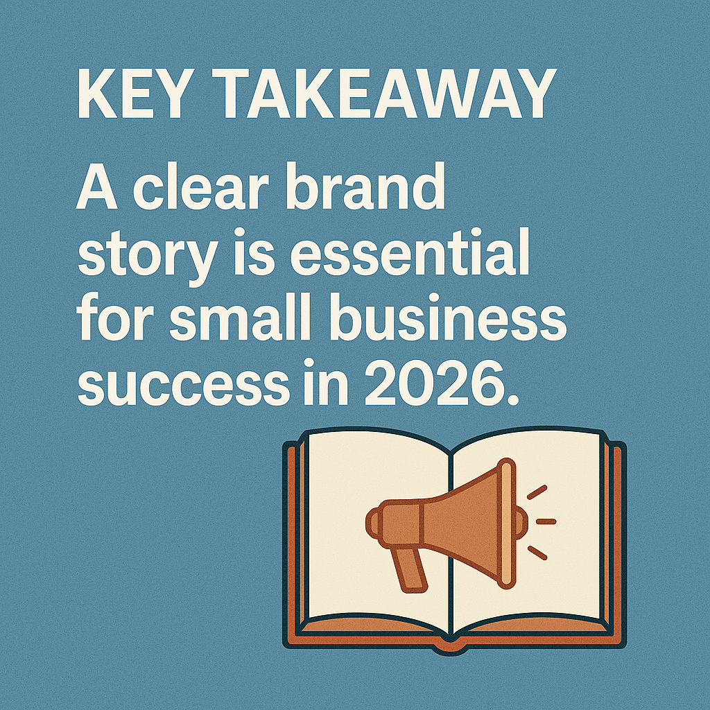 Infographic showing five pillars of a brand story — origin, purpose, values, customer promise, and vision — with note: Your Brand Story Is Your Superpower in 2026.