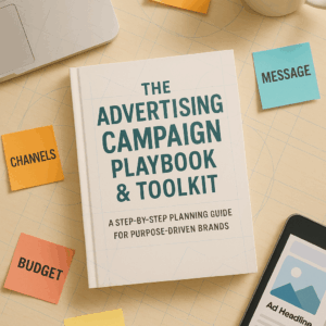 Flat lay of modern workspace with campaign planning notes, laptop analytics, and ad creative — representing structured advertising strategy for purpose-driven brands.