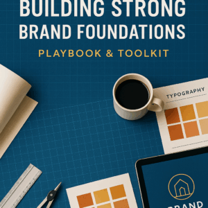 A branding blueprint featuring design tools, color palettes, and a tablet displaying a logo concept — symbolizing the process of building a strong brand foundation.