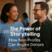 Nonprofit staff member and donor connecting through storytelling during a community outreach moment, illustrating the emotional power of authentic donor engagement.