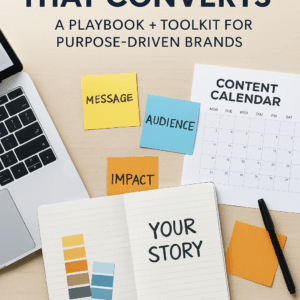 Flat-lay workspace with storytelling materials, content calendar, and strategic notes representing a structured storytelling system.