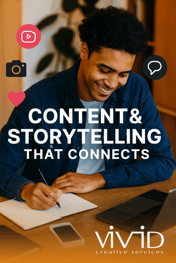 Creative professional crafting brand story with digital and written tools, representing authentic and strategic storytelling from Vivid Creative Services.