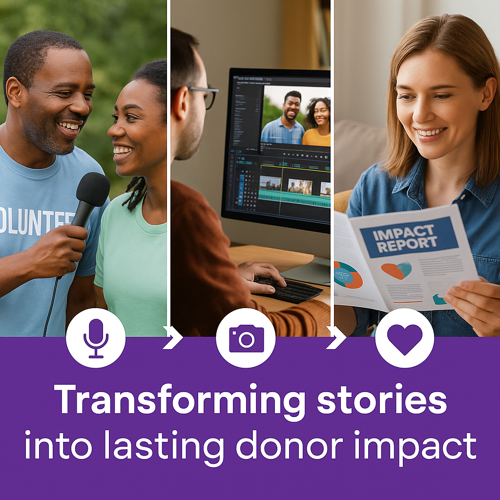 Visual collage showing nonprofit storytelling process from interviews to video editing to donor engagement, illustrating how authentic stories lead to measurable impact.