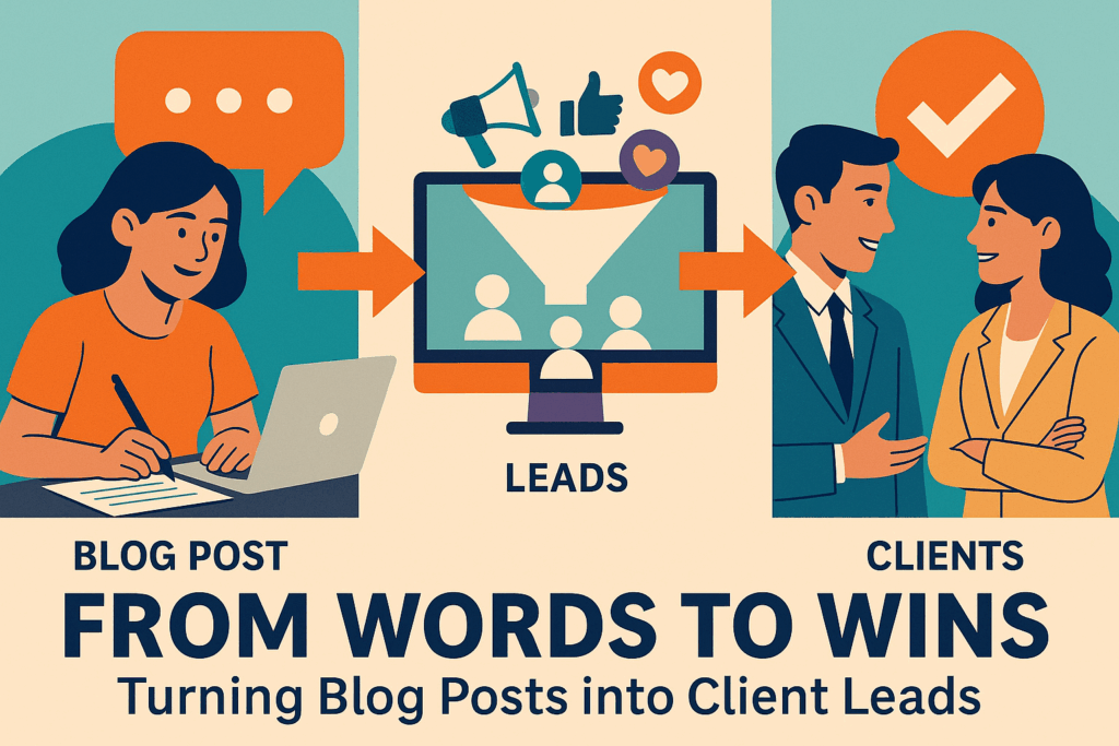 Collage showing content creation, reader engagement, and analytics metrics—illustrating how storytelling-driven blogs generate measurable leads.