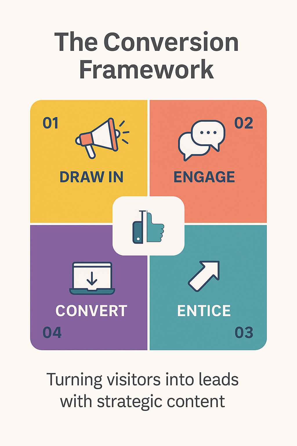 Infographic showing four-step content marketing conversion framework: attract, engage, nurture, convert—illustrating how blogs generate client leads.