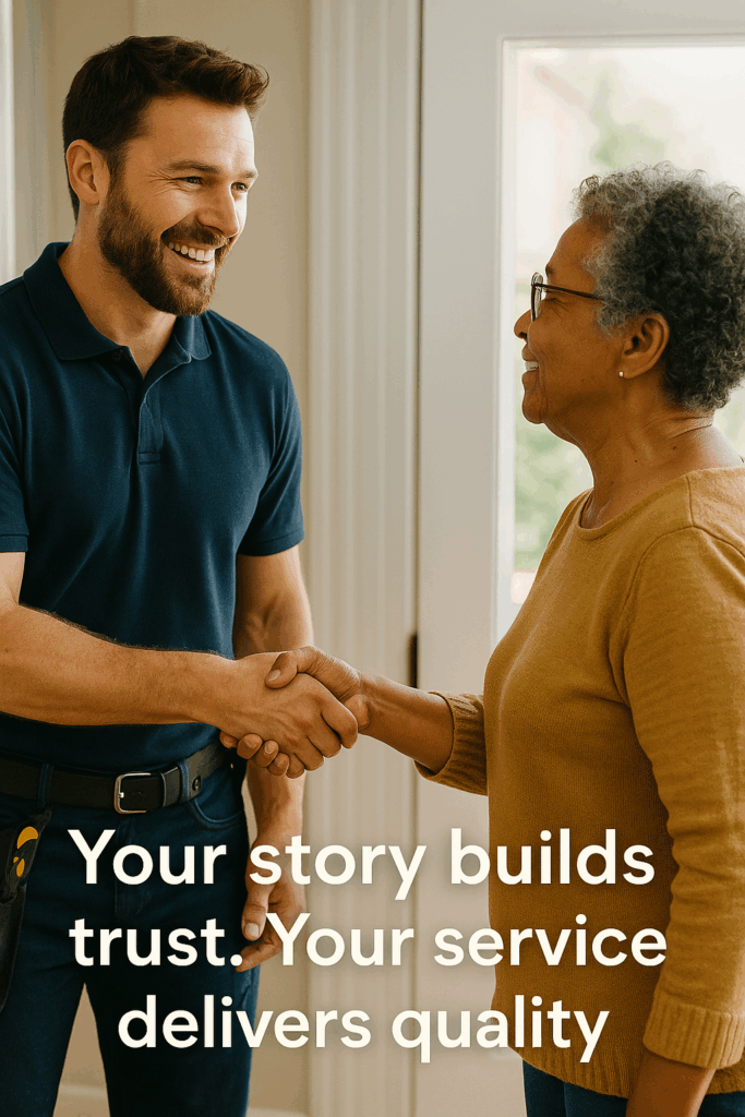 Inspirational photo of local service team with overlay quote about authentic brand stories that build trust and connection in the community.