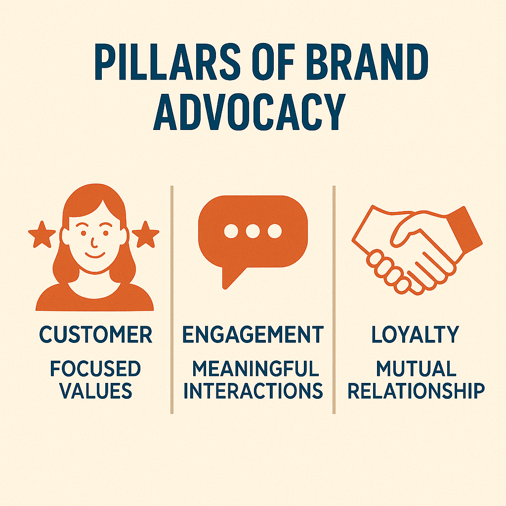 Infographic showing the 3 pillars of advocacy: Identification, Engagement, and Empowerment, with icons for each.