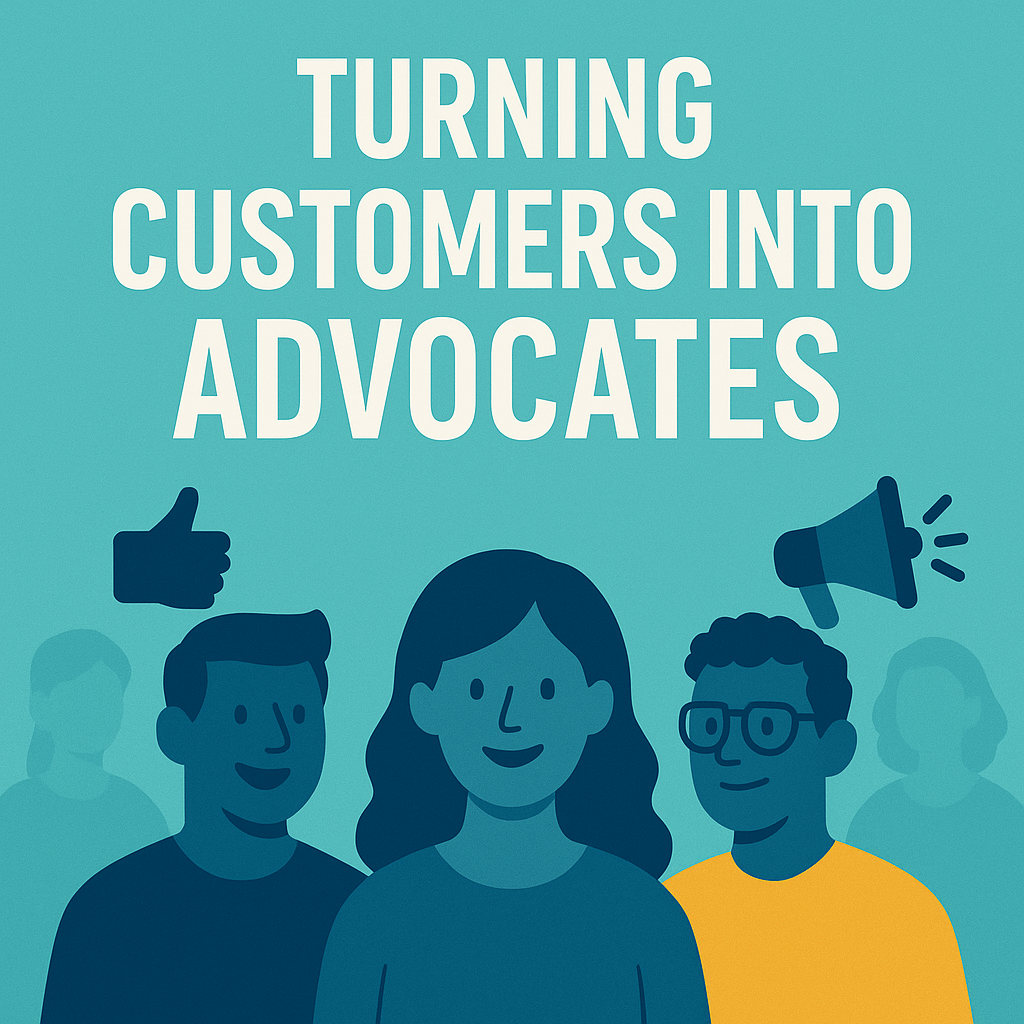 Illustration of diverse customers sharing experiences online and in conversation, with tagline “Your Customers Are Your Best Marketers.