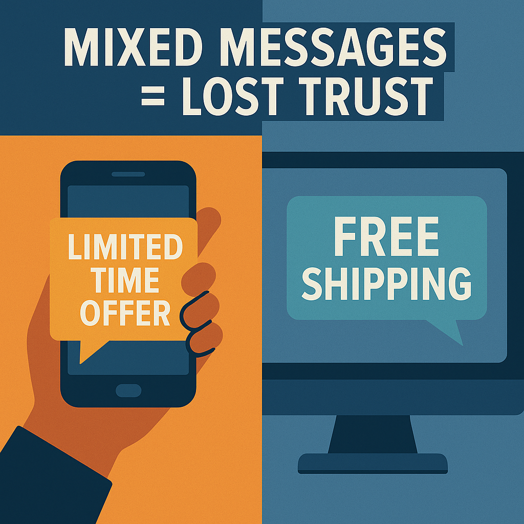 Split image showing a phone with one message and a computer screen with another, labeled “Mixed Messages = Lost Trust.”