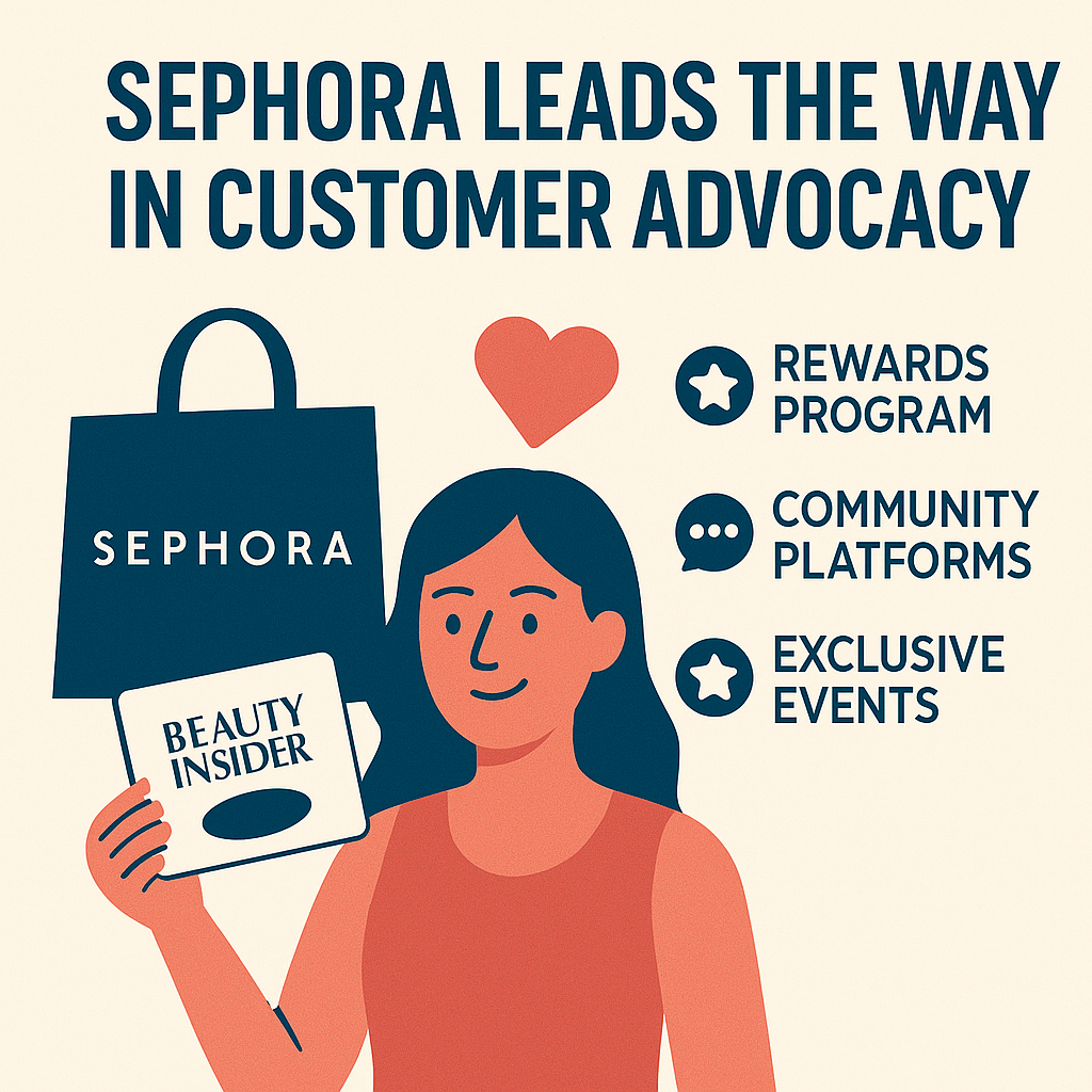 Illustration of Sephora Beauty Insider program with loyalty card and customer icons, showing advocacy in action.