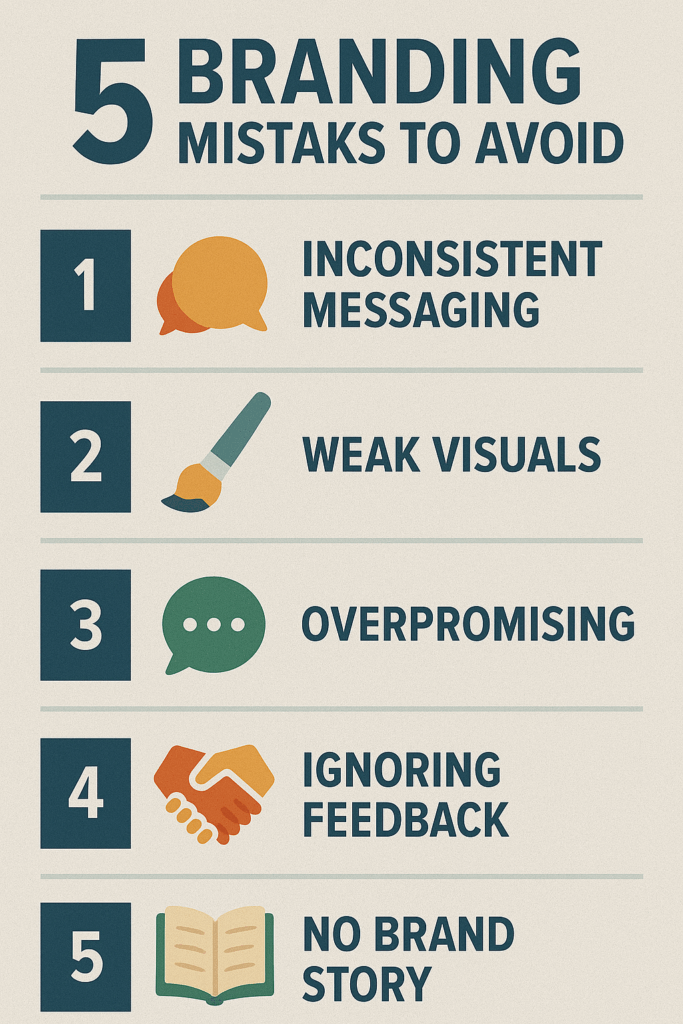 Infographic showing the Top 5 Branding Mistakes: Inconsistent Messaging, Weak Visuals, Overpromising, Ignoring Feedback, and No Brand Story.