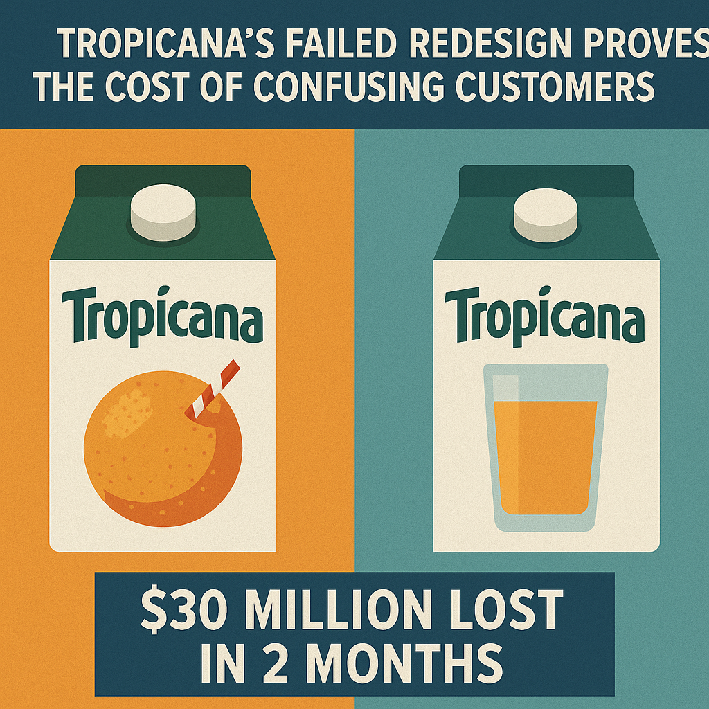 Illustration comparing Tropicana’s original orange-with-straw packaging to the 2009 redesign with sales loss callout: $30 Million Lost in 2 Months.