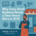 Small business owner standing proudly outside their shop with storytelling icons and text: Why Every Small Business Needs a Clear Brand Story in 2026.
