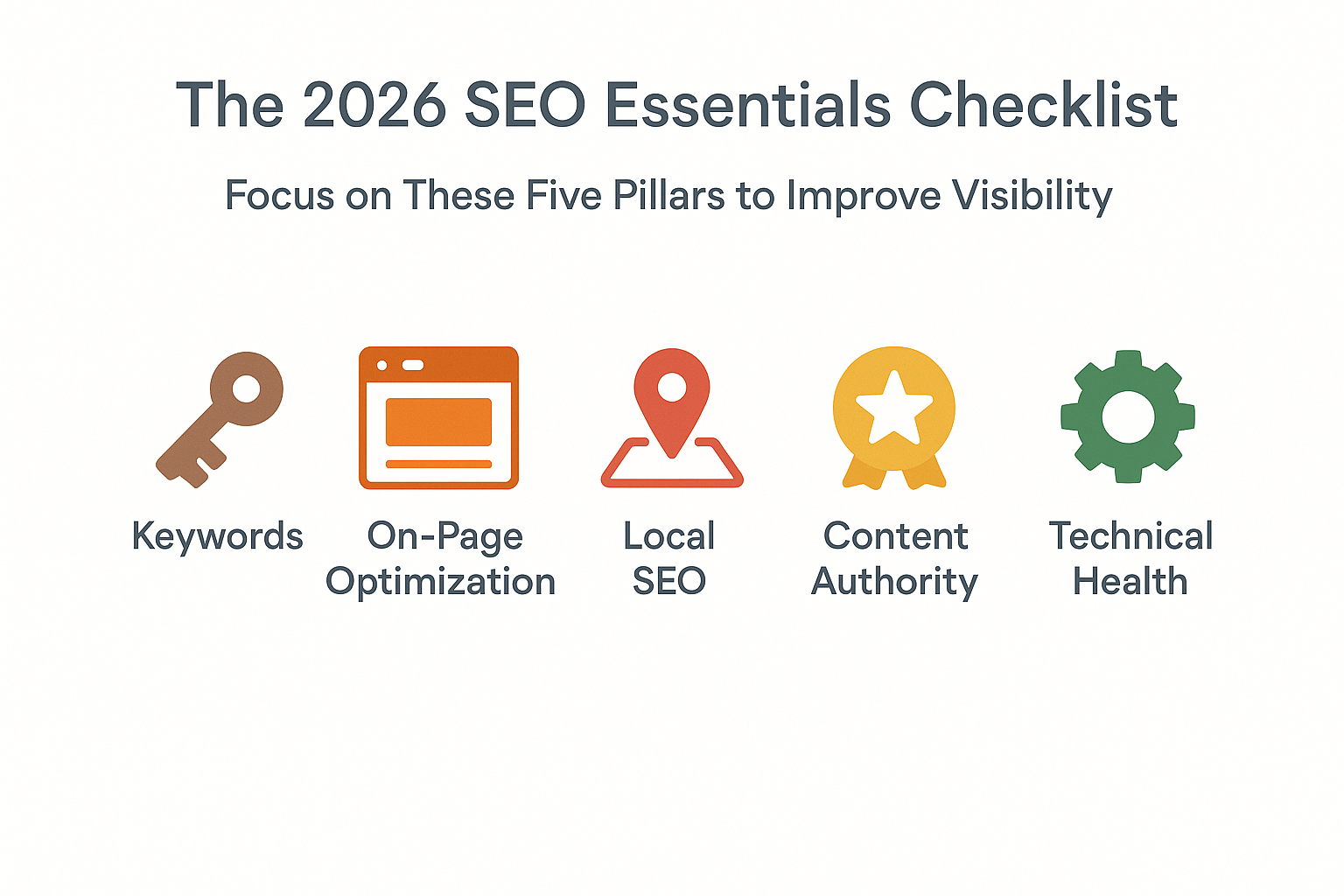 Infographic showing the 5 pillars of SEO: keywords, on-page SEO, local SEO, content authority, technical health.
