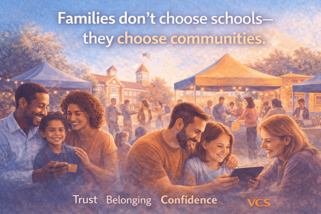 Community-focused school marketing image families at school event
