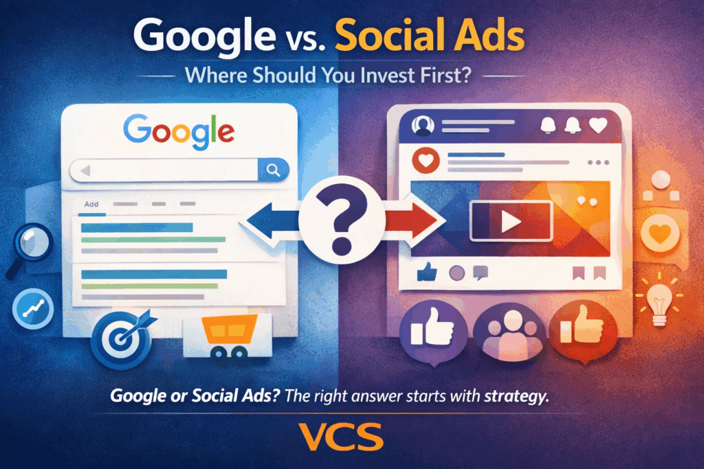 Google Ads vs social media ads comparison cover image with Vivid Creative Services branding