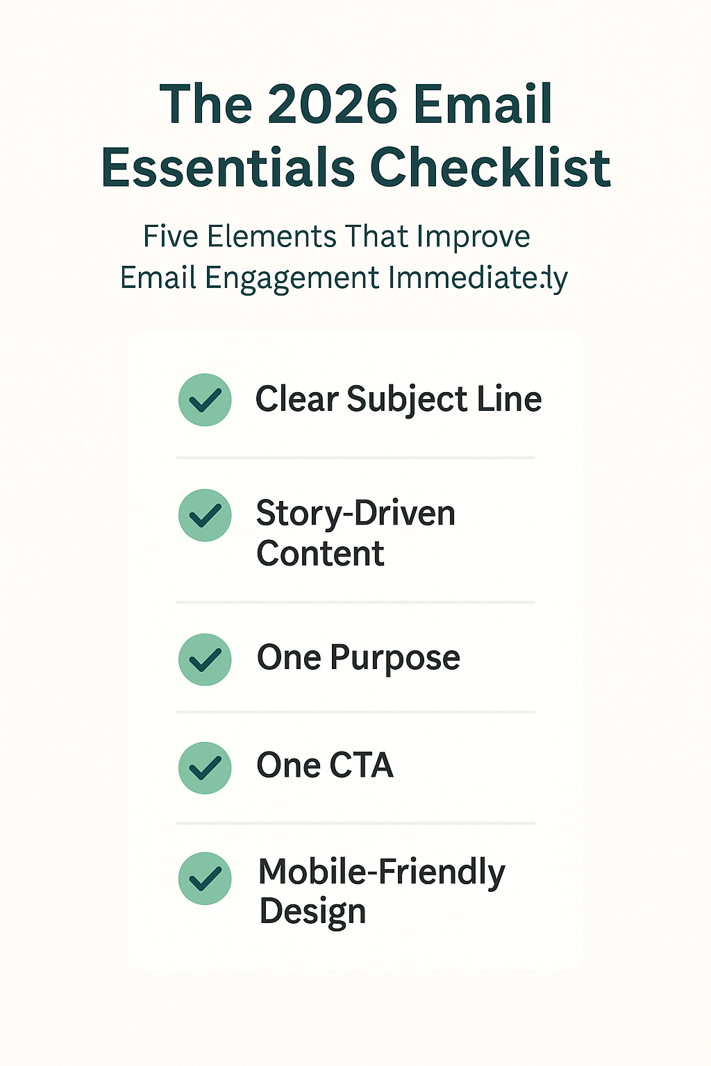 Infographic checklist listing five essential elements for effective email marketing.