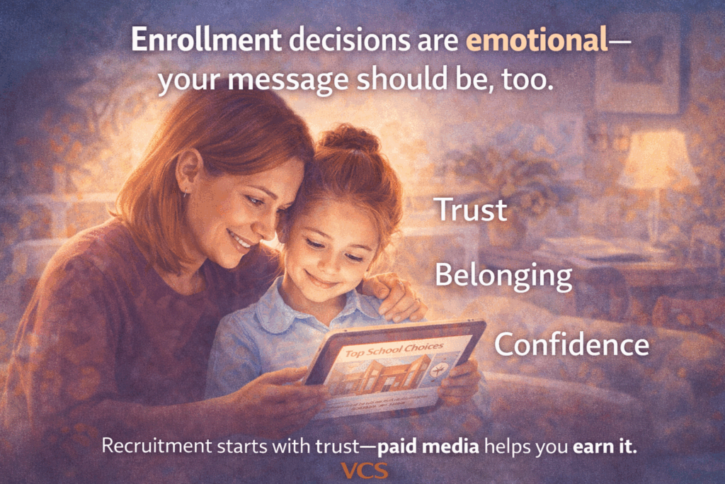 Emotional school enrollment decision family reviewing school information illustration