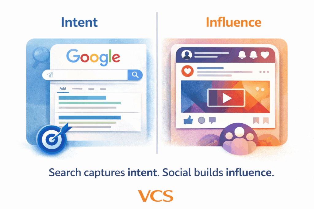 Intent versus influence in paid advertising Google Ads and social media illustration
