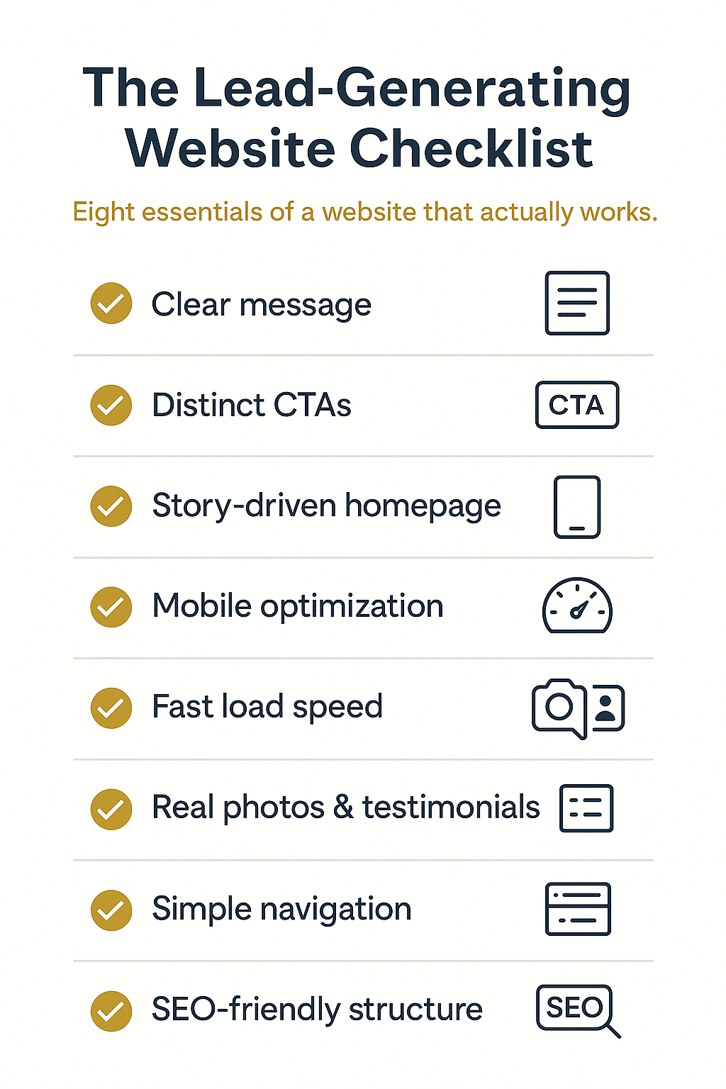 Infographic checklist showing eight essentials of a lead-generating website