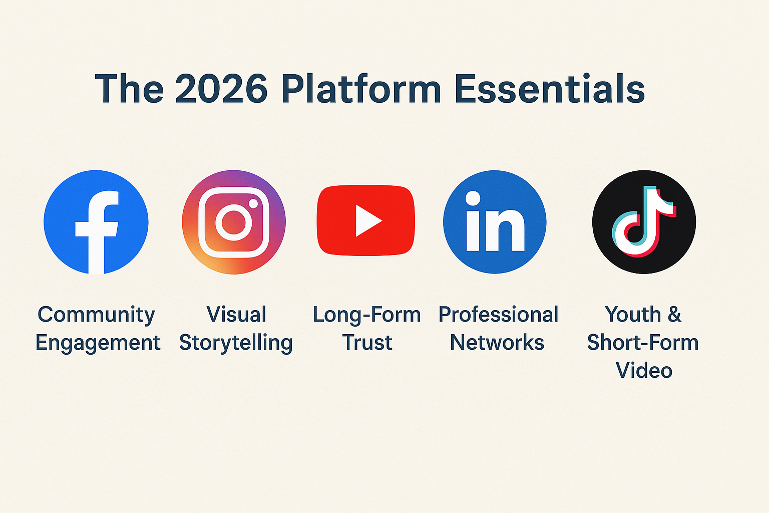 Infographic showing Facebook, Instagram, YouTube, LinkedIn, and TikTok with descriptors summarizing the five essential social media platforms for organizations in 2026.