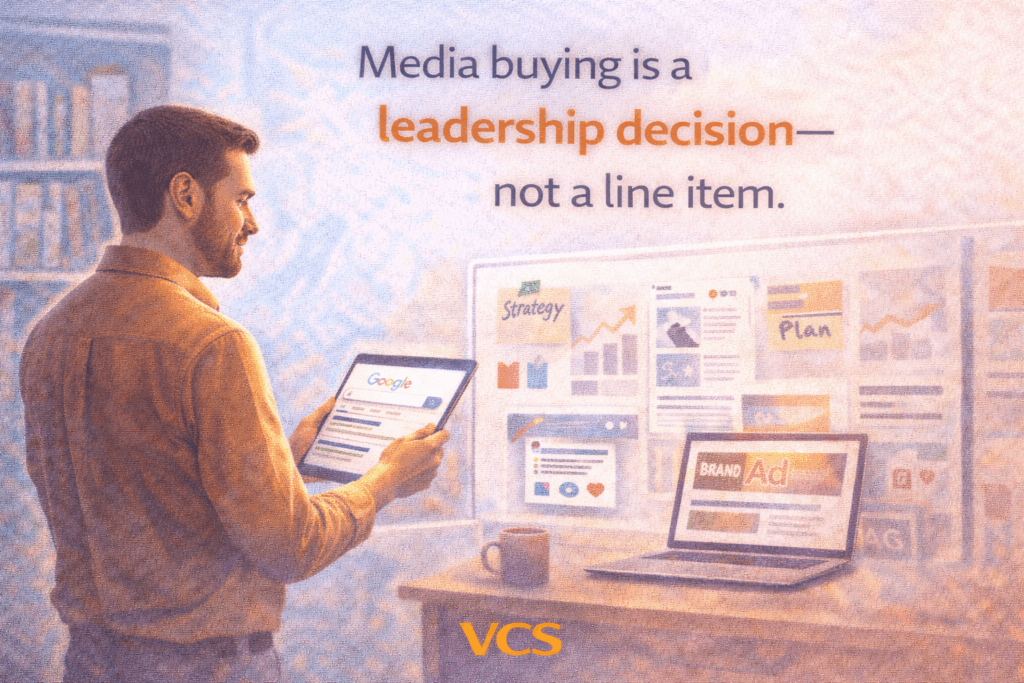 Media buying strategy for long-term brand awareness cover image with Vivid Creative Services branding