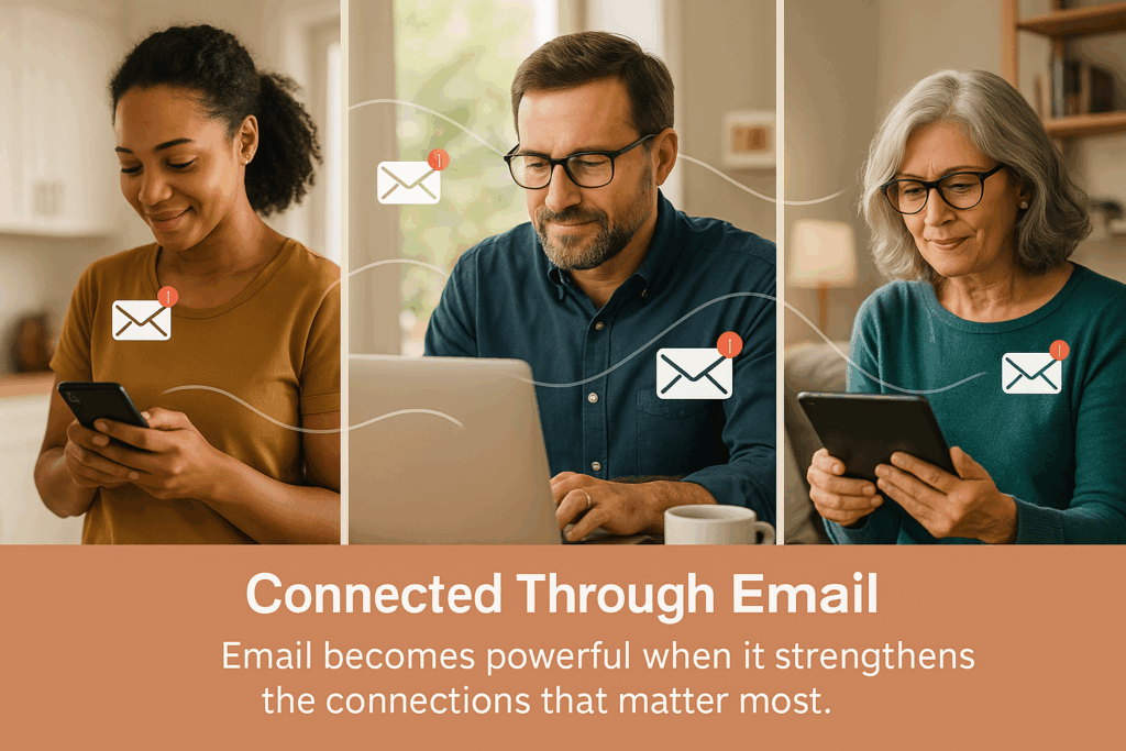 Composite image showing people checking email on various devices with message icons representing connection and engagement.