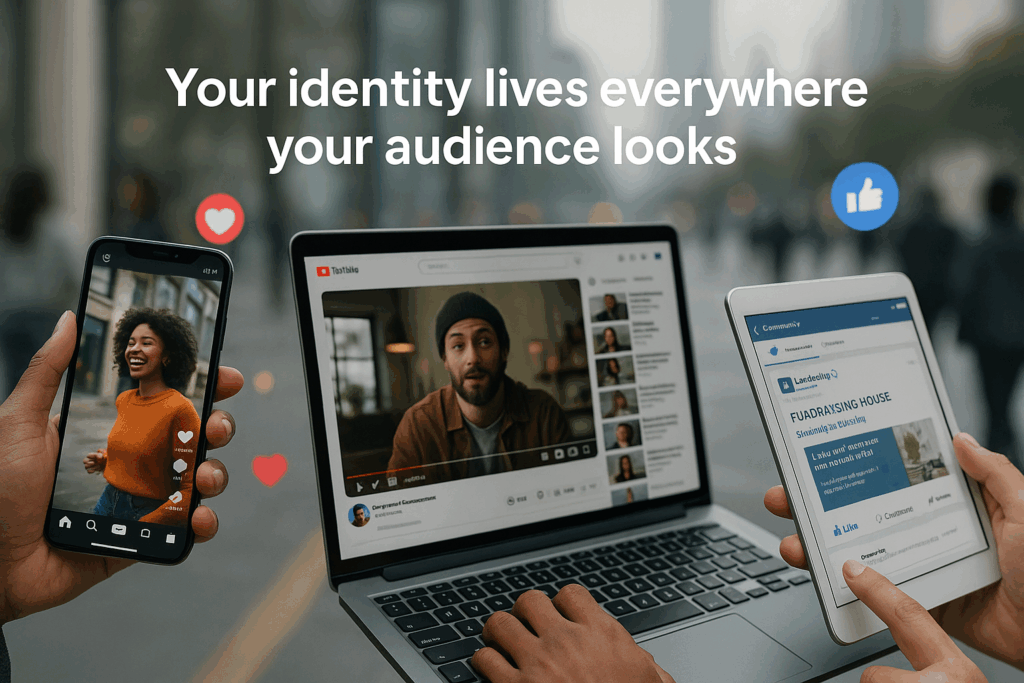 Composite image of smartphone, laptop, and tablet showing Instagram, YouTube, and Facebook content with floating engagement icons, representing how audiences use social media across platforms.