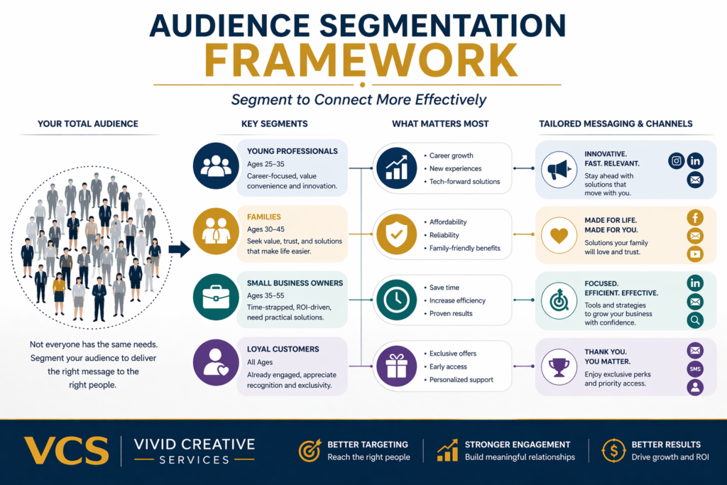 Audience segmentation framework showing how marketers divide audiences for targeted messaging and better results.