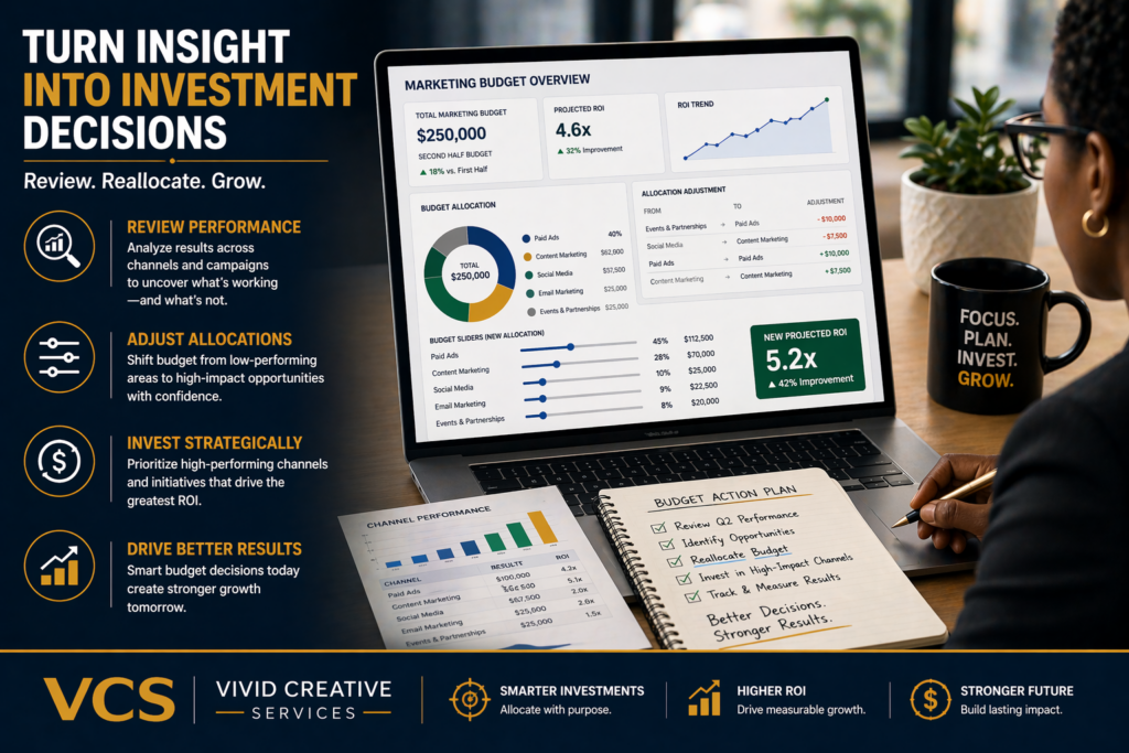 Marketing professional reviewing and adjusting budget allocation to improve ROI and performance.