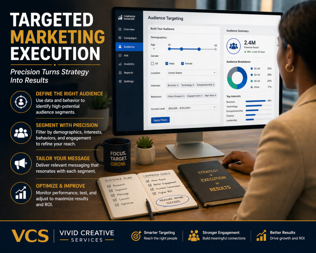 Marketing professional using audience targeting tools to refine customer segments and improve campaign performance.