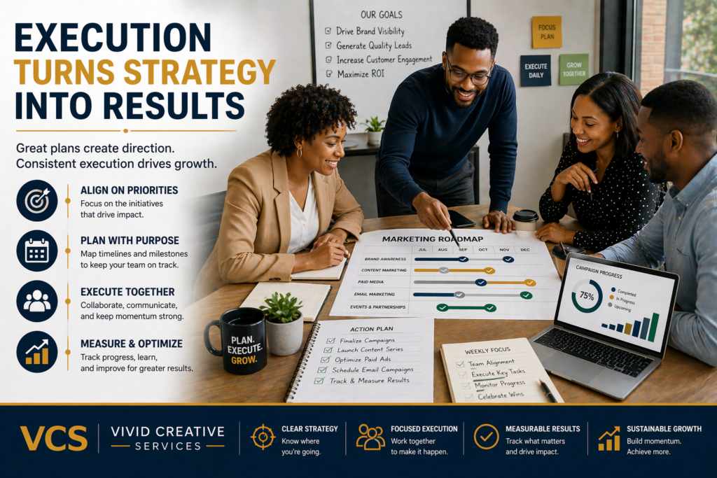 Marketing team planning execution strategy using a roadmap to drive business growth and results.
