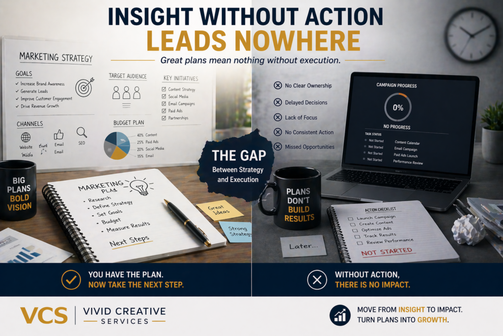 Marketing strategy plan without execution showing stalled progress and lack of results.
