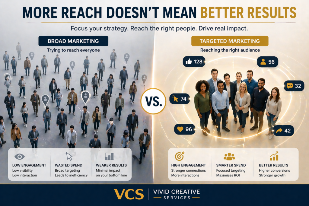 Comparison of broad marketing versus targeted audience strategy showing stronger engagement with focused targeting.