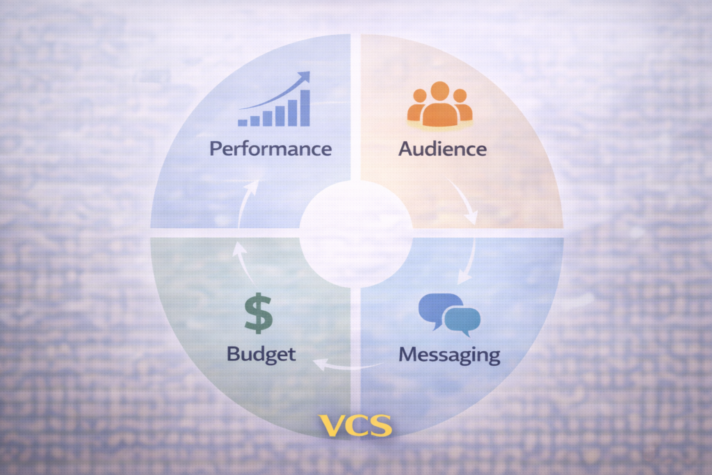 Marketing strategy framework showing performance, audience, messaging, and budget evaluation areas.
