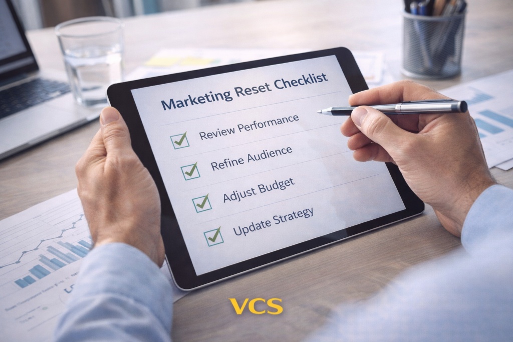 Marketing professional using a checklist to reset and improve strategy mid-year.