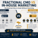 Fractional CMO vs in-house marketing cover image illustrating the decision between hiring internal marketing staff and using fractional marketing leadership. The design features a split comparison layout with visual elements such as organizational charts and directional arrows to represent different marketing structures. The title “Fractional CMO vs In-House Marketing: The Smartest Way to Scale Without Overhiring” is prominently displayed in a clean, professional format using navy, gold, and white brand colors. This image supports themes of marketing leadership, team structure, and business growth for small businesses, nonprofits, and organizations evaluating how to scale their marketing effectively.